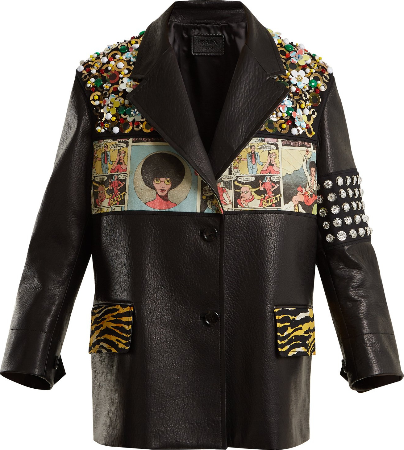 Prada Contrast-panel embellished leather jacket