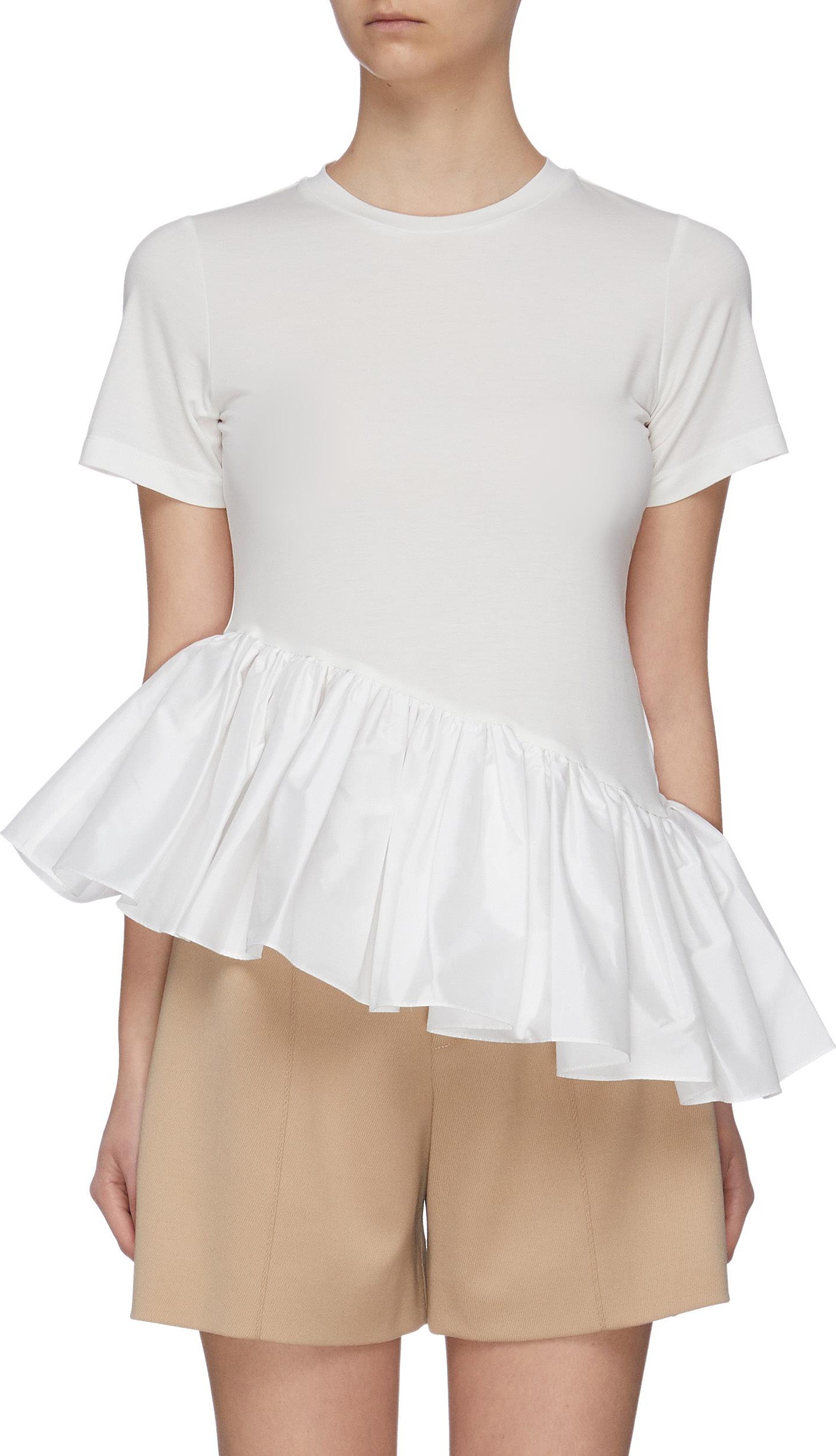 MING MA Asymmetric ruffle satin peplum T-shirt
