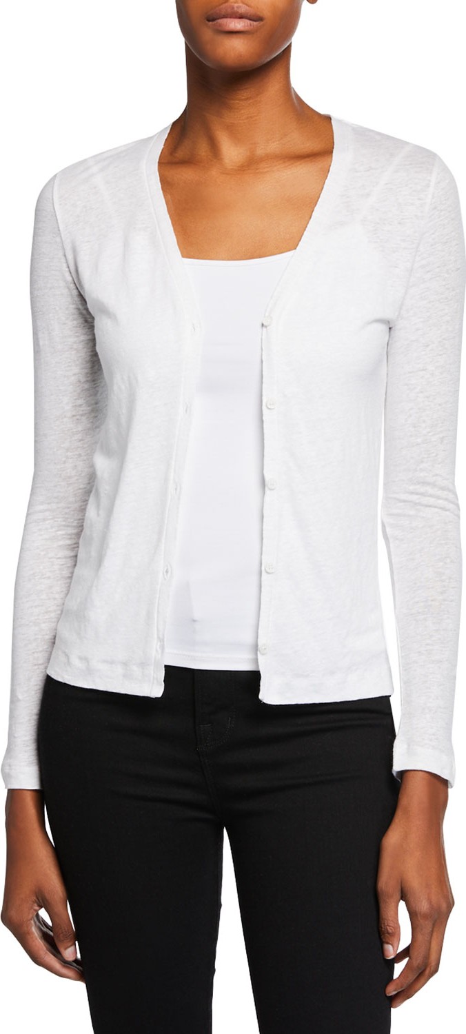 Majestic V-Neck Button-Down Long-Sleeve Stretch-Linen Cardigan