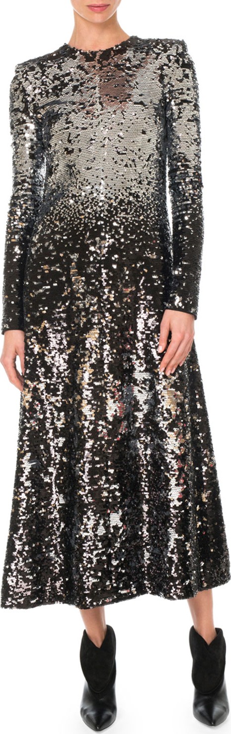 Givenchy Long-Sleeve A-Line Sequined Embroidered Long Cocktail Dress