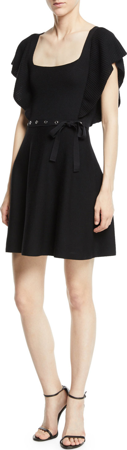 RED Valentino Square-Neck Ruffle-Sleeve Knit Dress