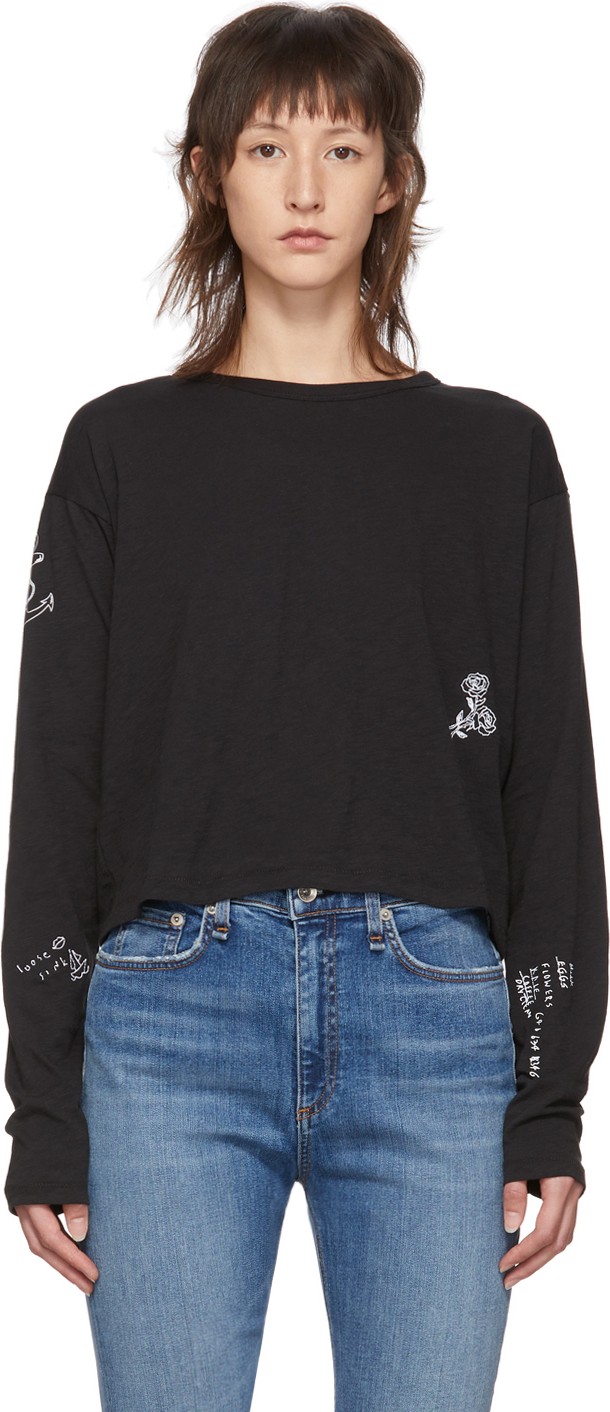 Rag & Bone Black Cropped Tattoo Embroidered Long Sleeve T-Shirt