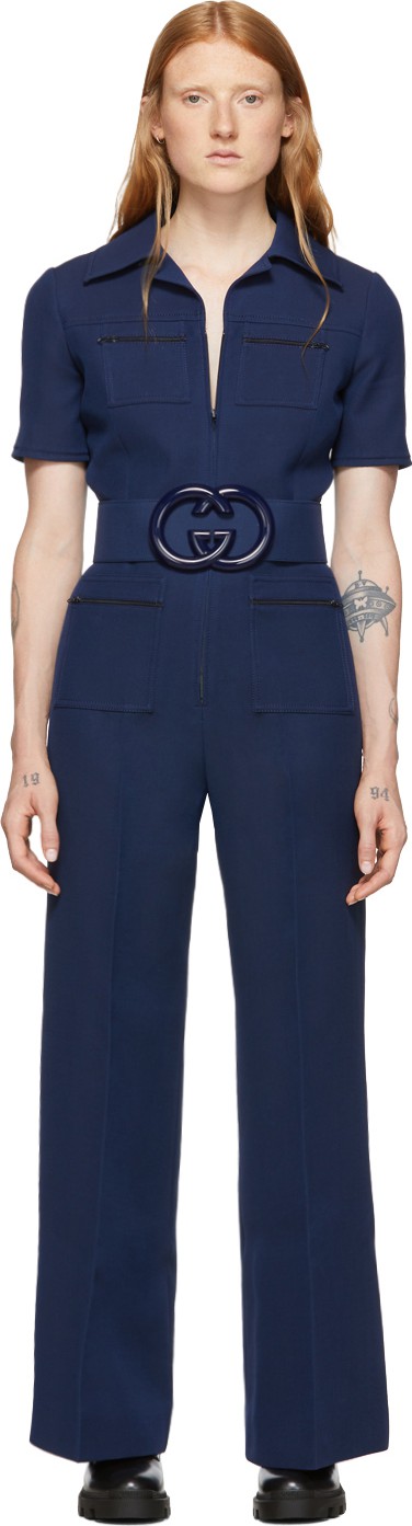 Gucci Navy Belted Short Sleeve Jumpsuit