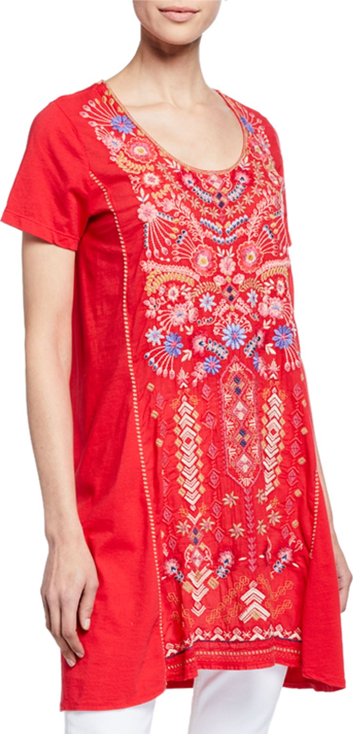 Johnny Was Frederique Embroidered Short-Sleeve Panel Knit Mix Tunic