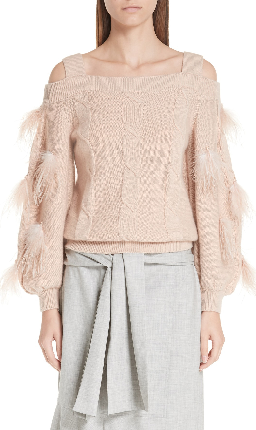 ADEAM Off the Shoulder Cashmere Sweater with Feather Trim