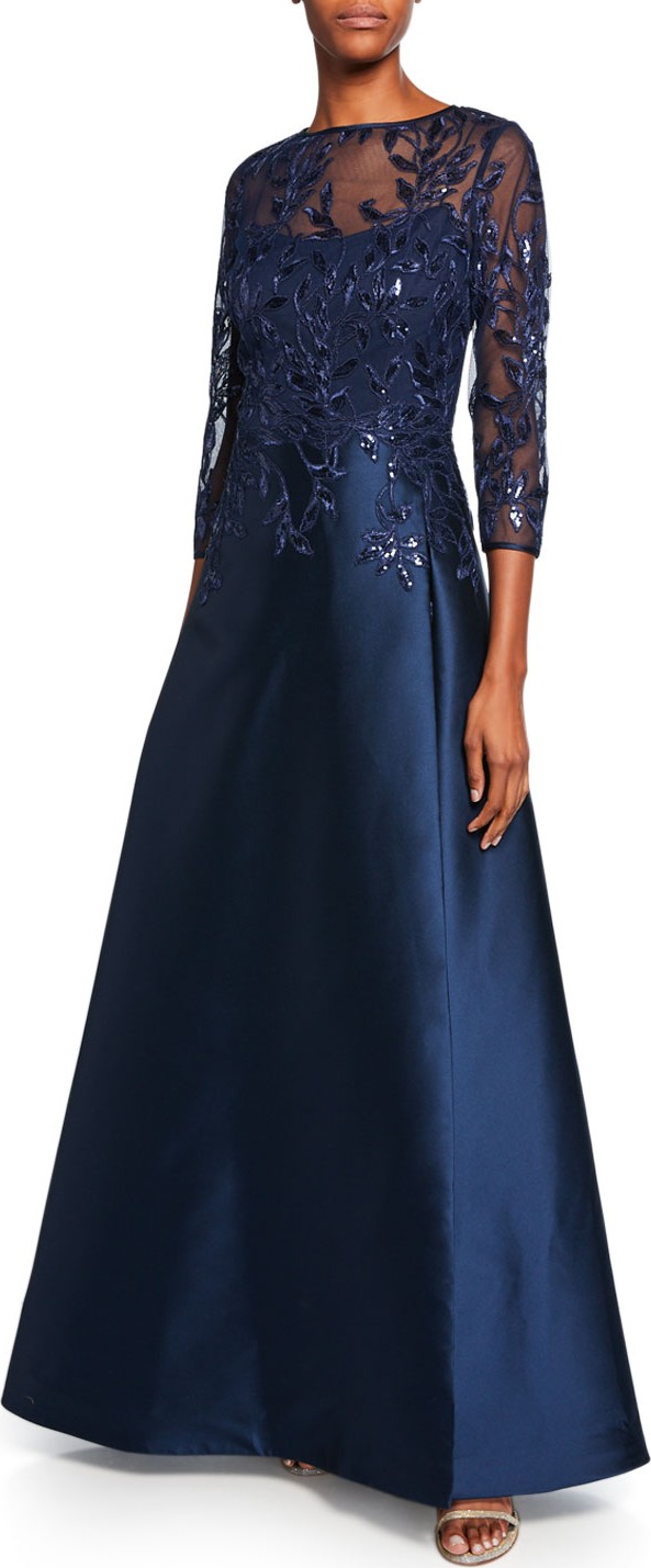 Rickie Freeman for Teri Jon High-Neck 3/4-Sleeve Gazar Gown with Sequin Embellished Bodice