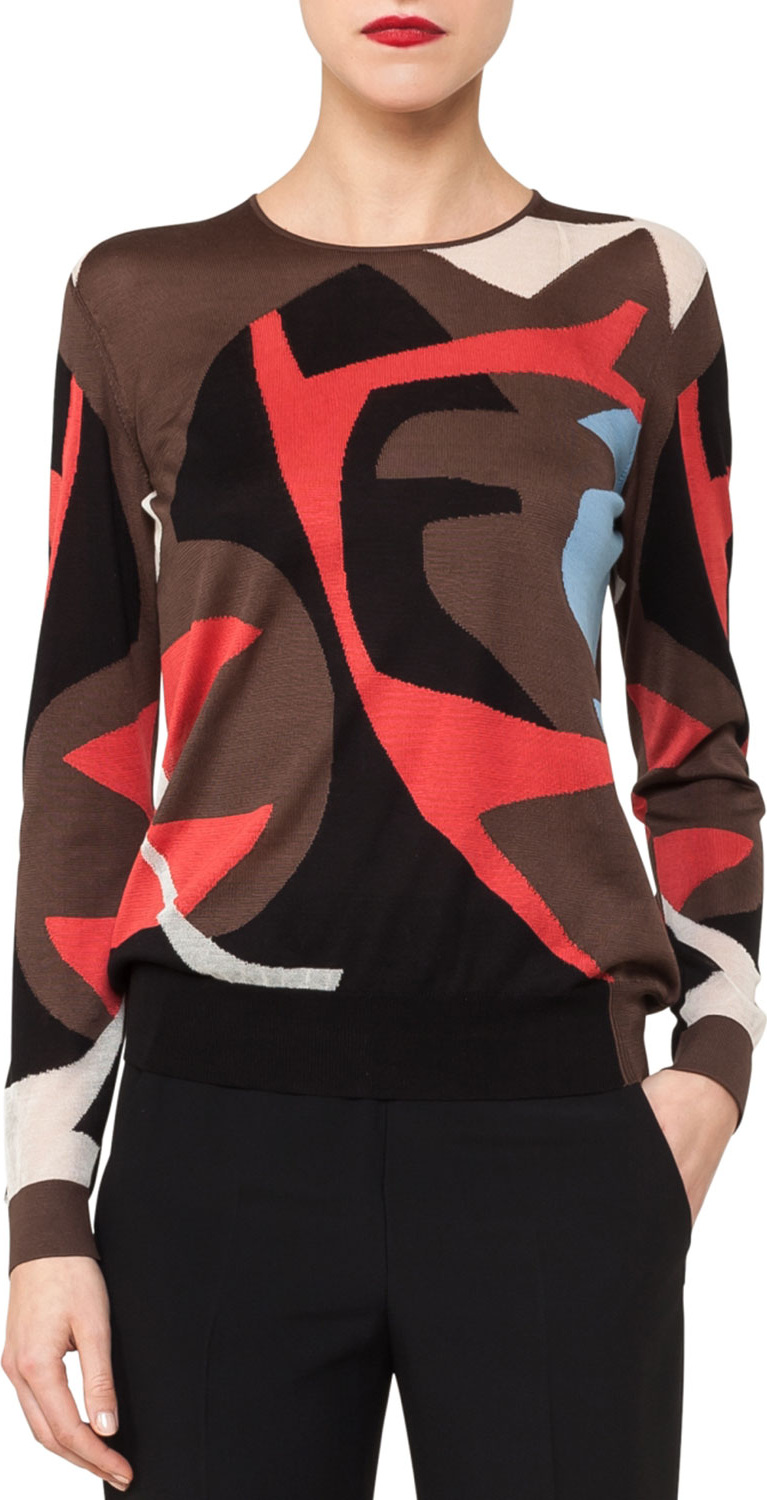 Akris Crewneck Long-Sleeve Intarsia Knit Pullover
