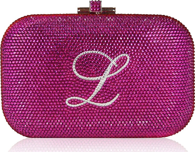 Judith Leiber Monogram Crystal Slide-Lock Clutch Bag, Fuchsia