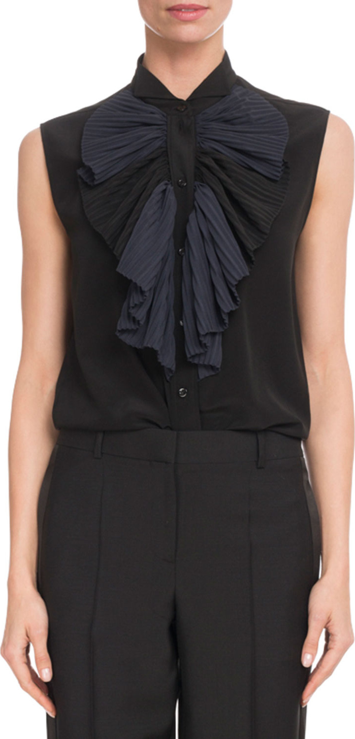 Givenchy Sleeveless Crepe Blouse w/ Contrast Ruffle