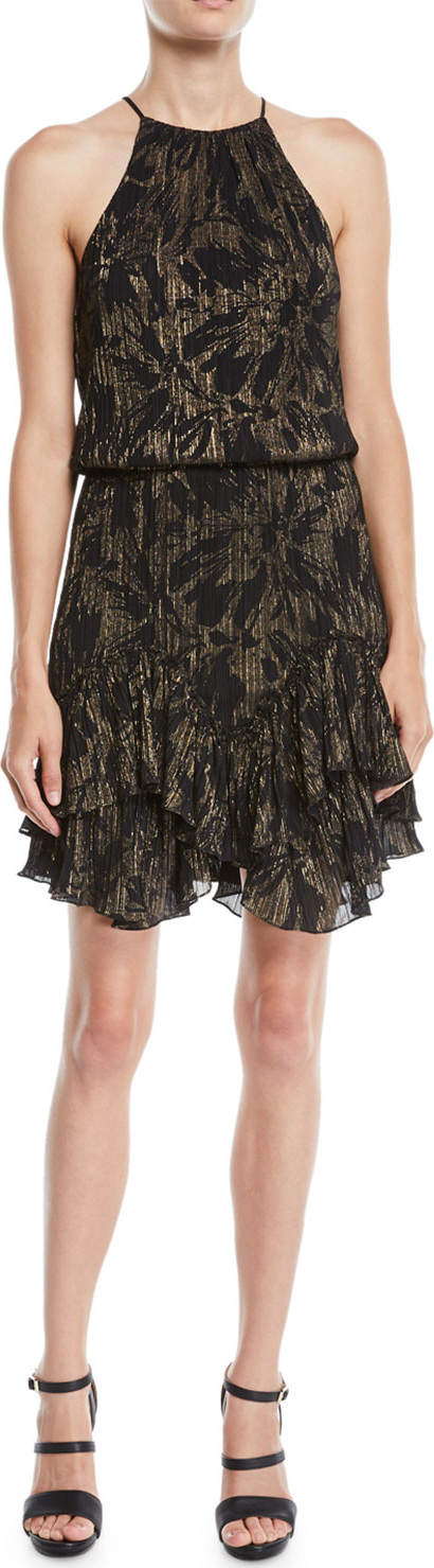 HALSTON HERITAGE Printed Metallic Dress w/ Pleating