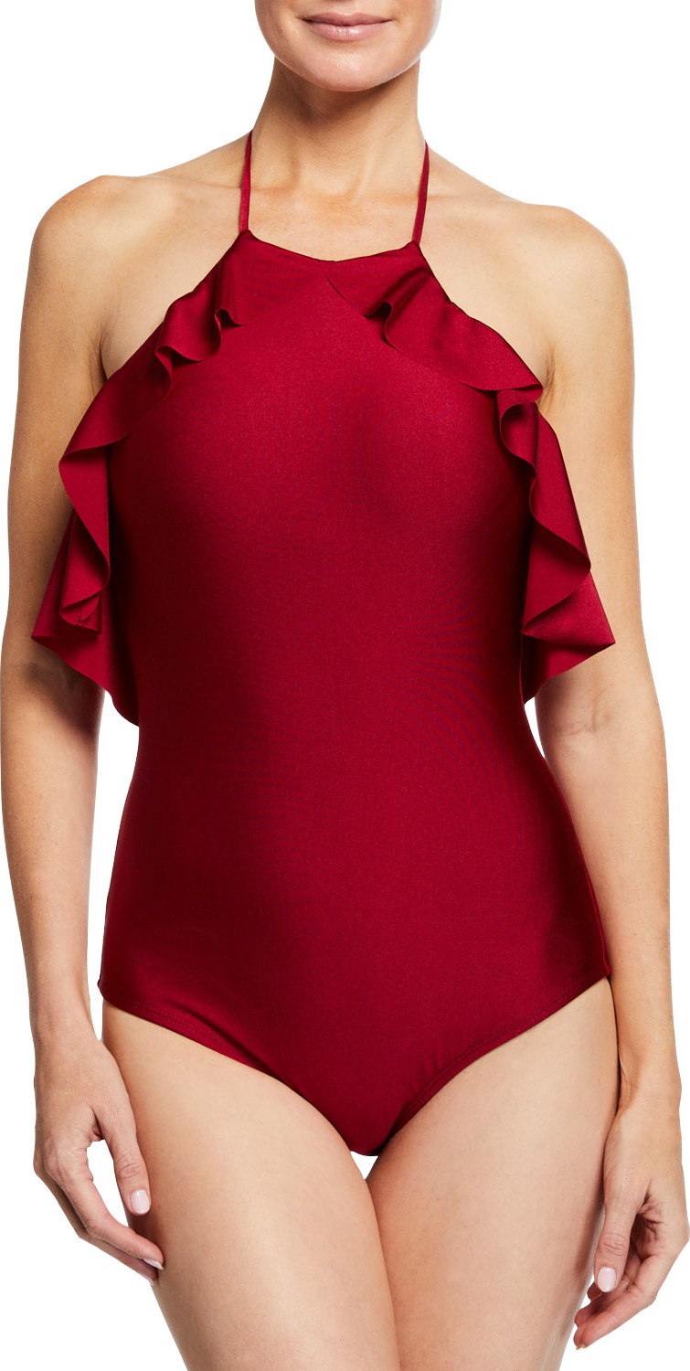 Shoshanna Syrah Halter One-Piece Swimsuit with Ruffle