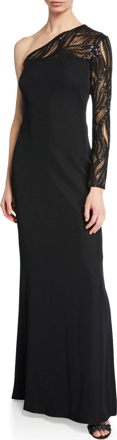 Tadashi Shoji One-Shoulder Crepe Gown with Sequin Sleeve