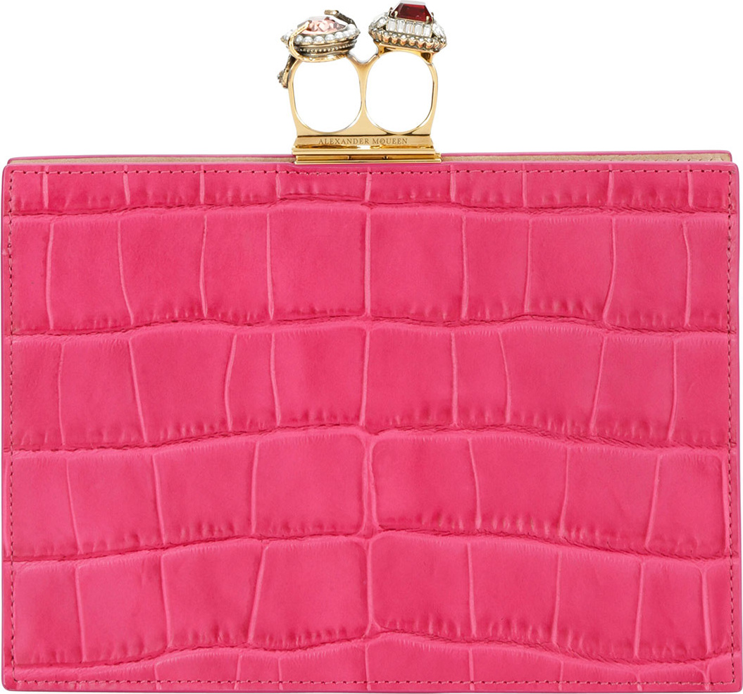 Alexander McQueen Jeweled Double Ring Crocodile-Embossed Clutch Bag - Golden Hardware