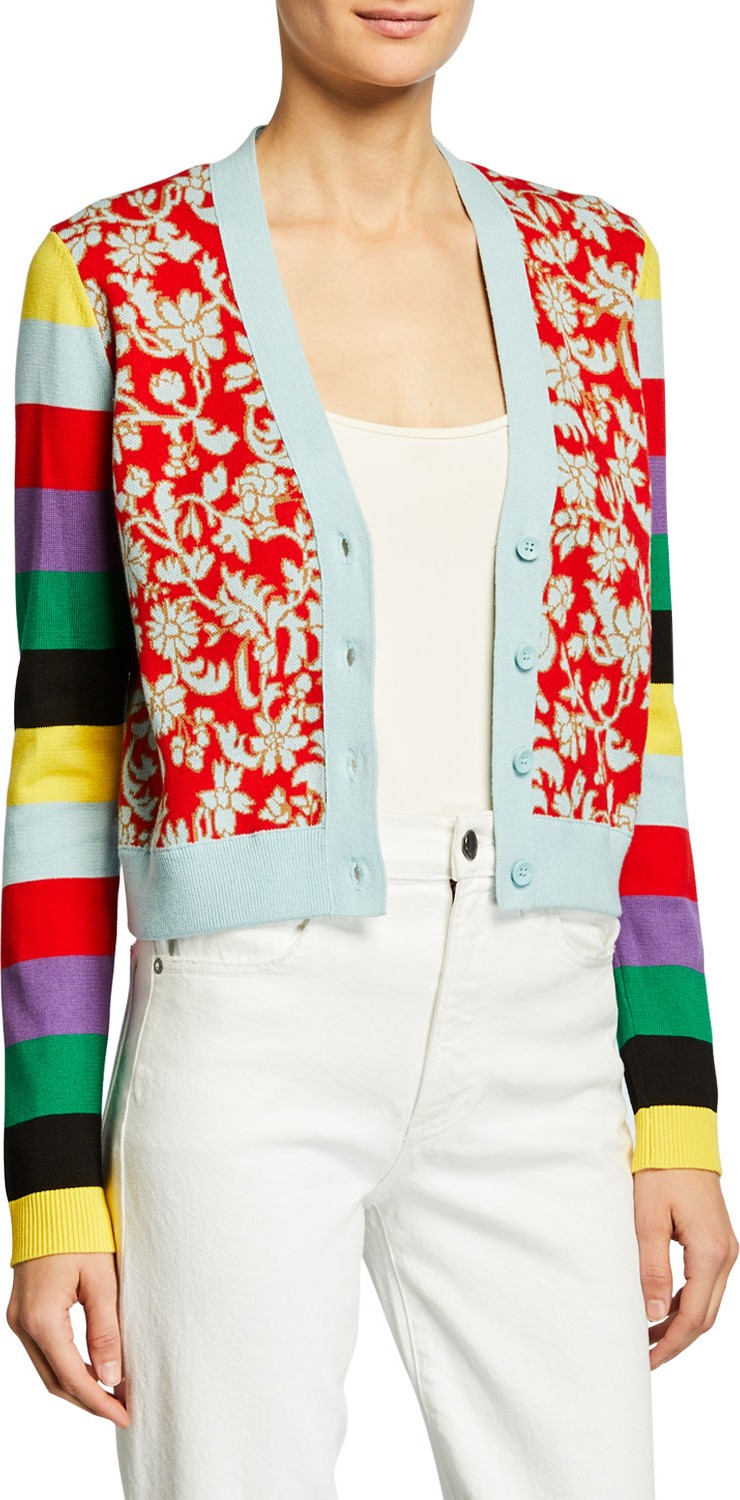 Alice + Olivia Minako Multipattern V-Neck Button-Front Cardigan
