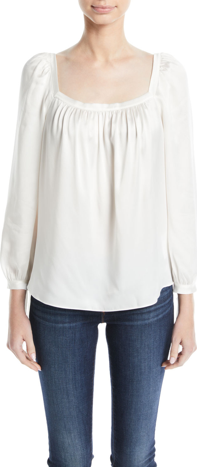 Rebecca Taylor Shirred Long-Sleeve Charmeuse Top