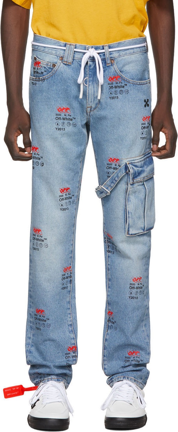 Off White Blue Bleach Logo Jeans