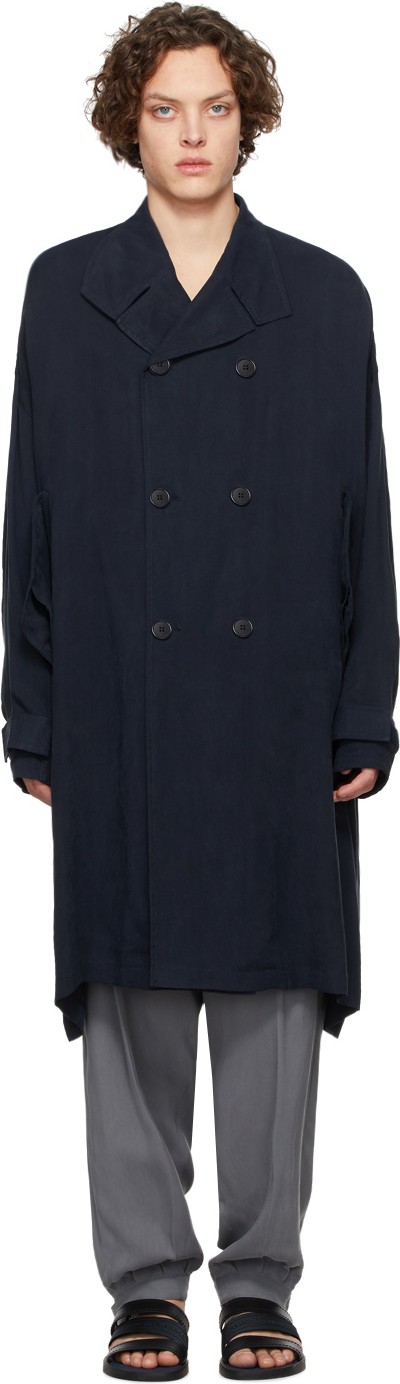 Giorgio Armani Navy Cupro Double-Breasted Trench Coat