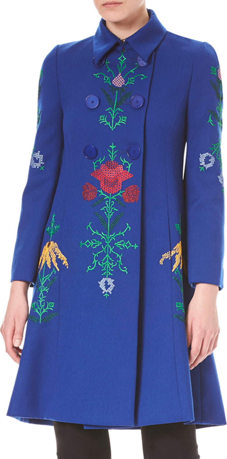 Carolina Herrera Floral-Embroidered Double-Breasted Wool Coat