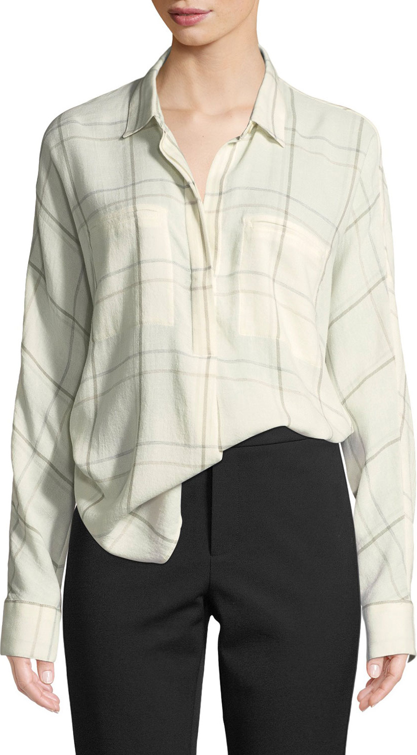 Vince Plaid Long-Sleeve Popover Blouse