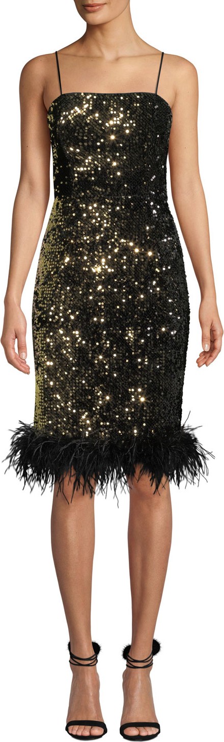 MILLY Elle Sequin Velvet Feather-Hem Dress