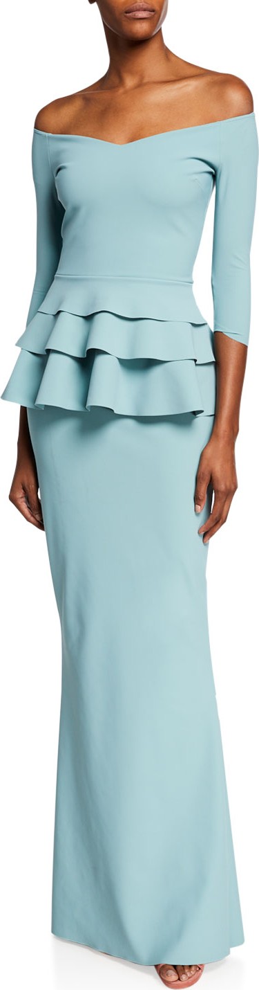 La Petite Robe di Chiara Boni Off-Shoulder 3/4-Sleeve Triple Peplum Gown
