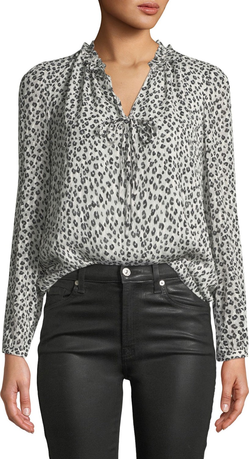 Rebecca Taylor Long-Sleeve Mini Cheetah-Print Silk Top