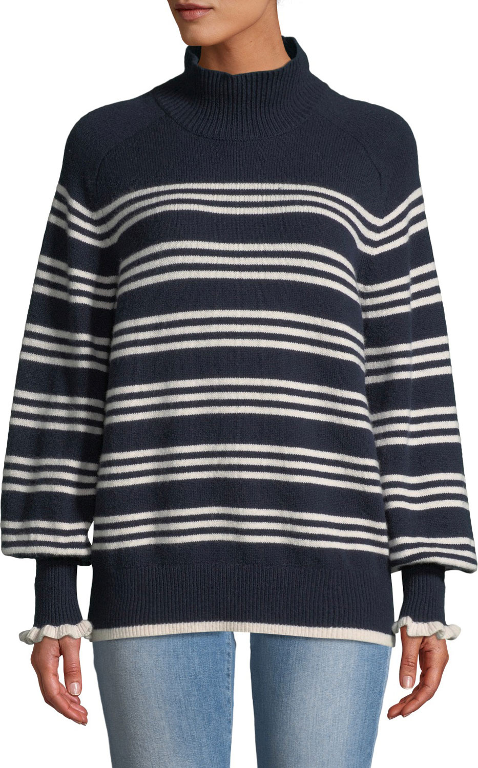 Rebecca Taylor Striped Bishop-Sleeve Turtleneck Sweater