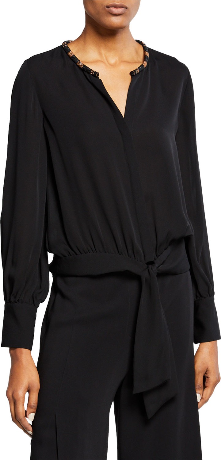 KOBI HALPERIN Holly Embellished Collar Long-Sleeve Silk Blouse w/ Tie-Front Hem