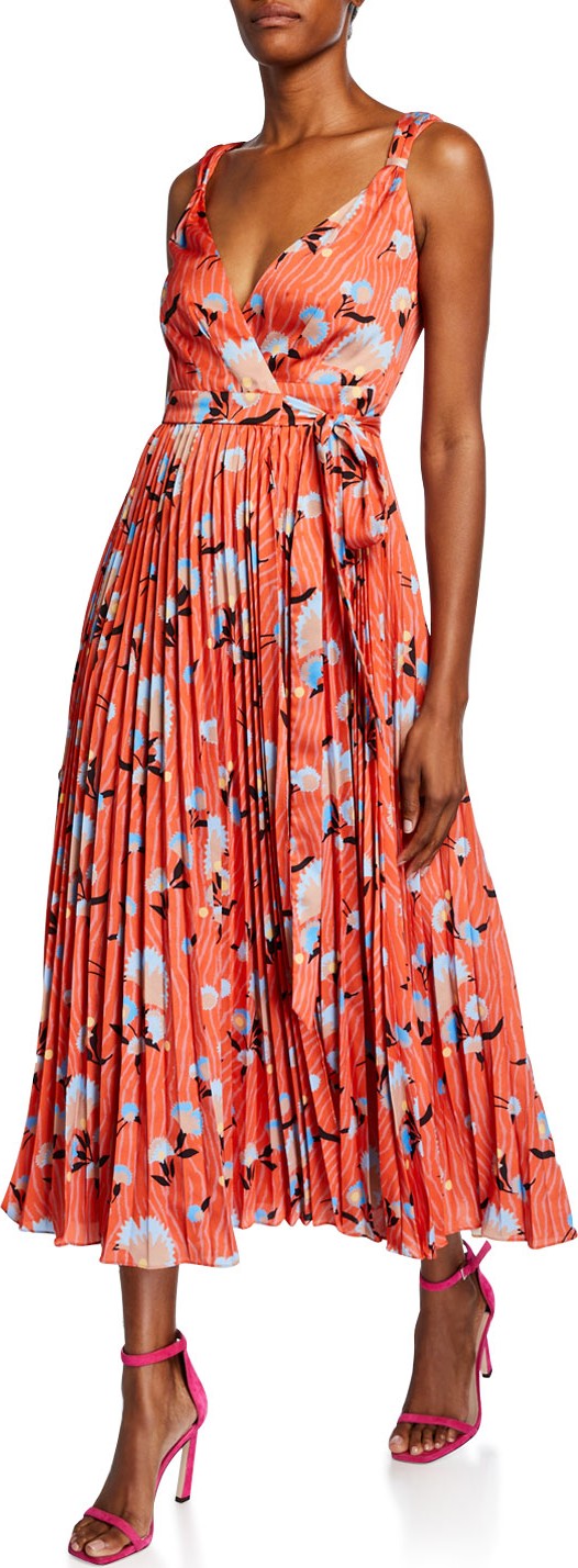 Self Portrait Sleeveless Botanical-Print Pleated Wrap Dress