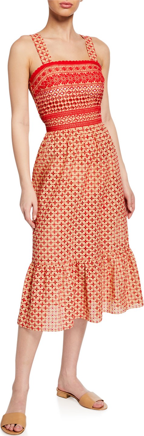 Shoshanna Floral Canyon Midi Dress with Embroidery and Eyelet Details