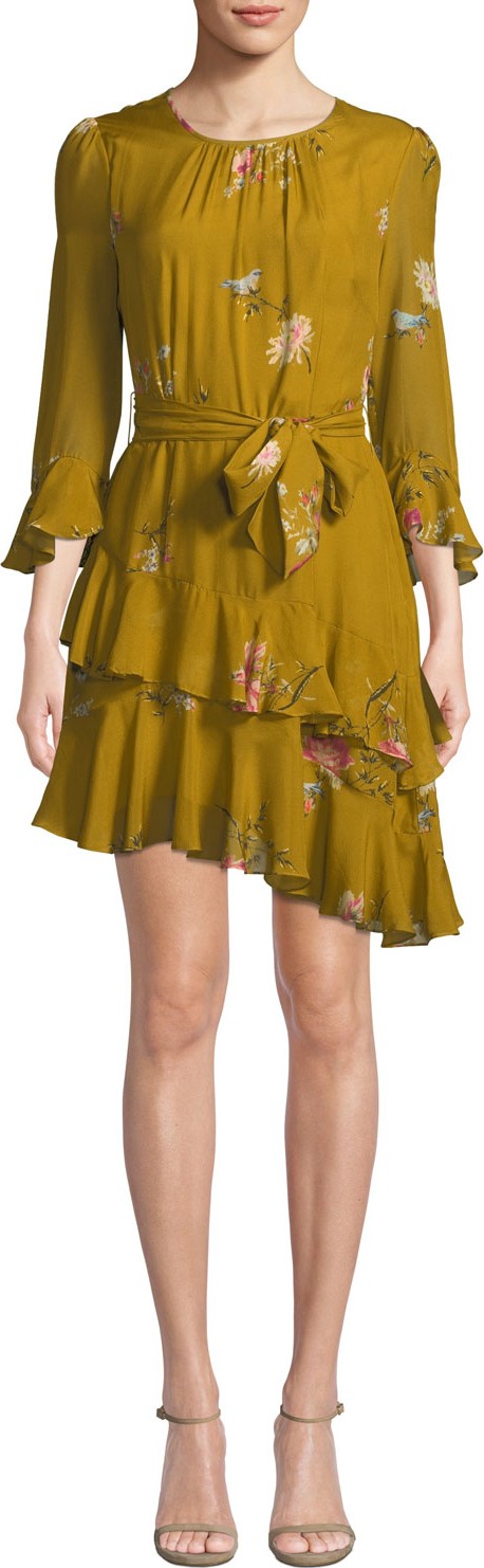 Joie Kayane 3/4-Sleeve Asymmetric-Ruffle Floral-Print Silk Dress