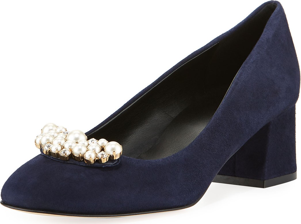 Sesto Meucci Mindy Low-Heel Pearly Ornament Pumps, Navy