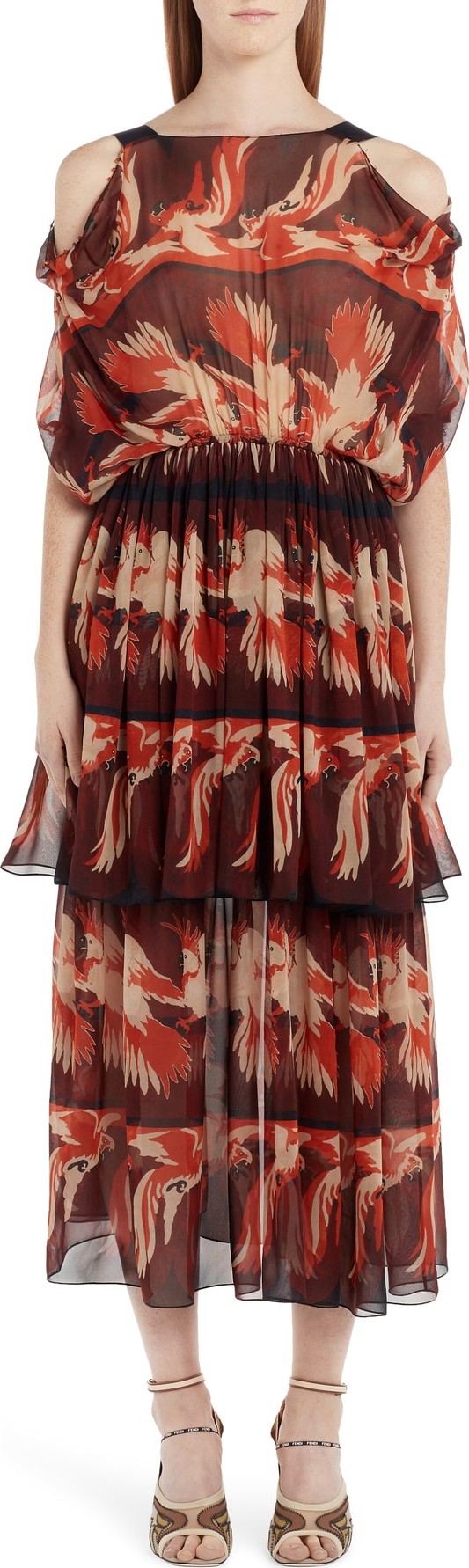 Fendi Parakeet Print Cold Shoulder Silk Dress