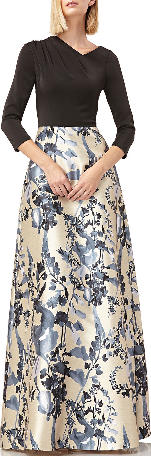 Kay Unger Asymmetric Cowl-Neck 3/4-Sleeve Printed Mikado Gown