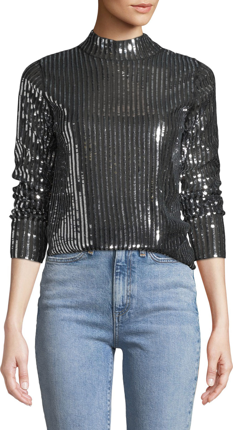 Tanya Taylor Grace Striped Sequin Long-Sleeve Top