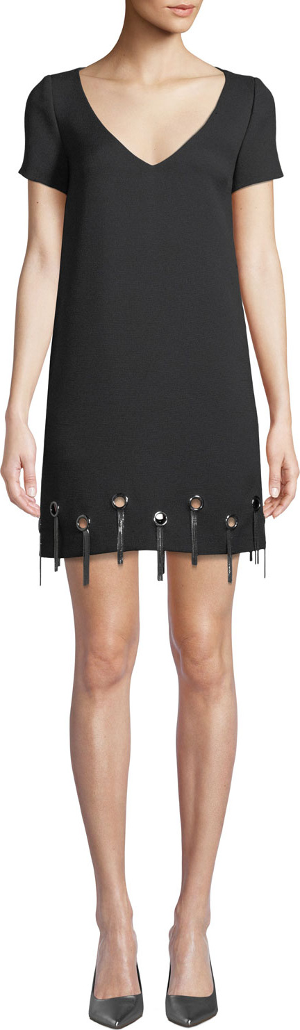 Badgley Mischka Grommet-Trim Short-Sleeve Shift Dress