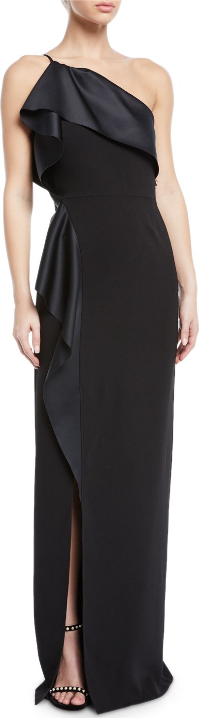 HALSTON HERITAGE One-Shoulder Satin Draped Gown