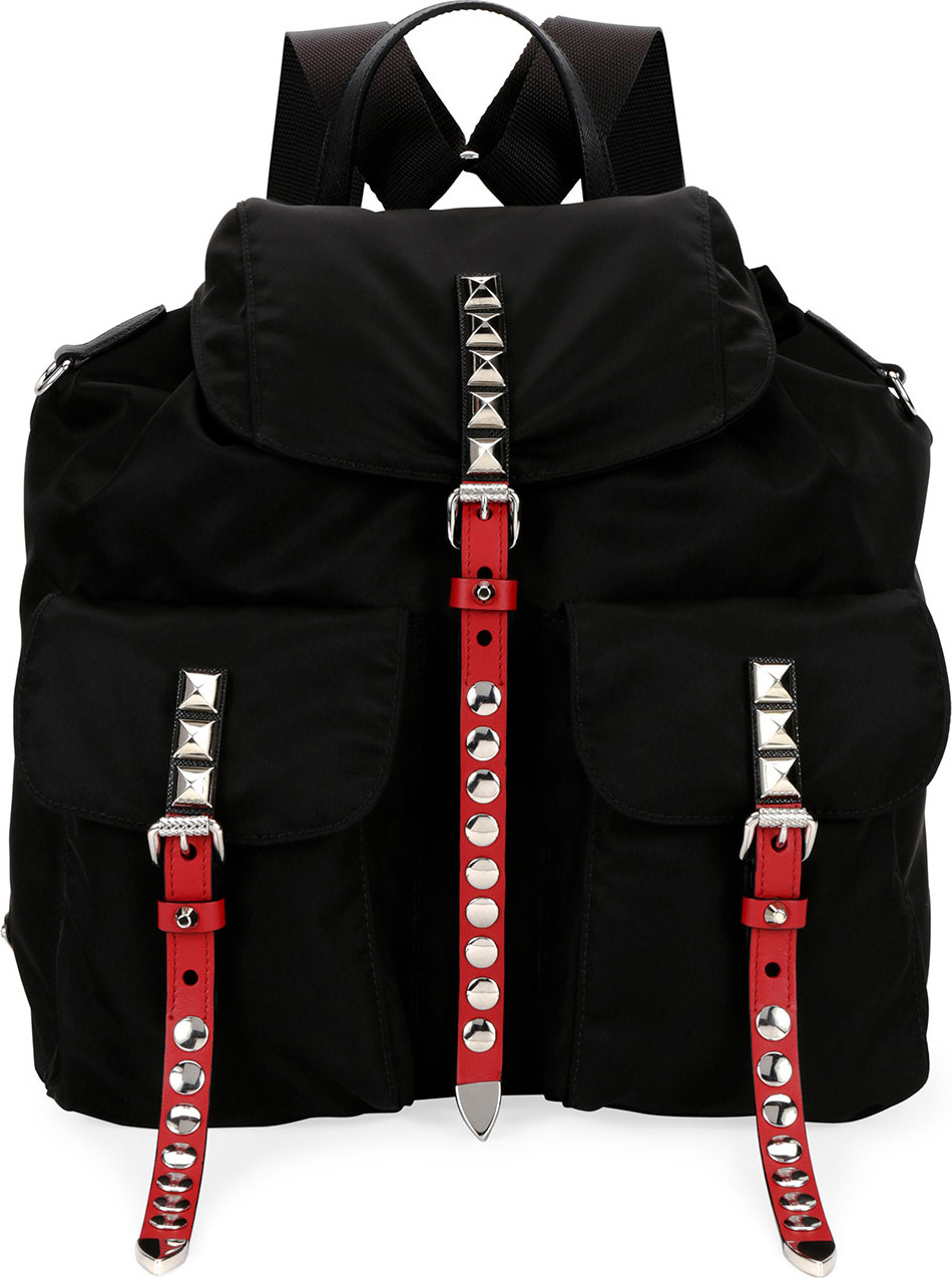 Prada Black Nylon Messenger Backpack with Studding