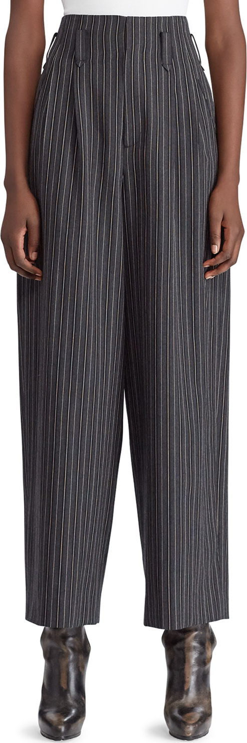 Ralph Lauren 50th Anniversary Celesse High-Waist Tapered-Leg Textured Morning Stripe Wool Pants Ralph Lauren 50th Anniversary Celesse High-Waist Tapered-Leg Textured Morning Stripe Wool Pants