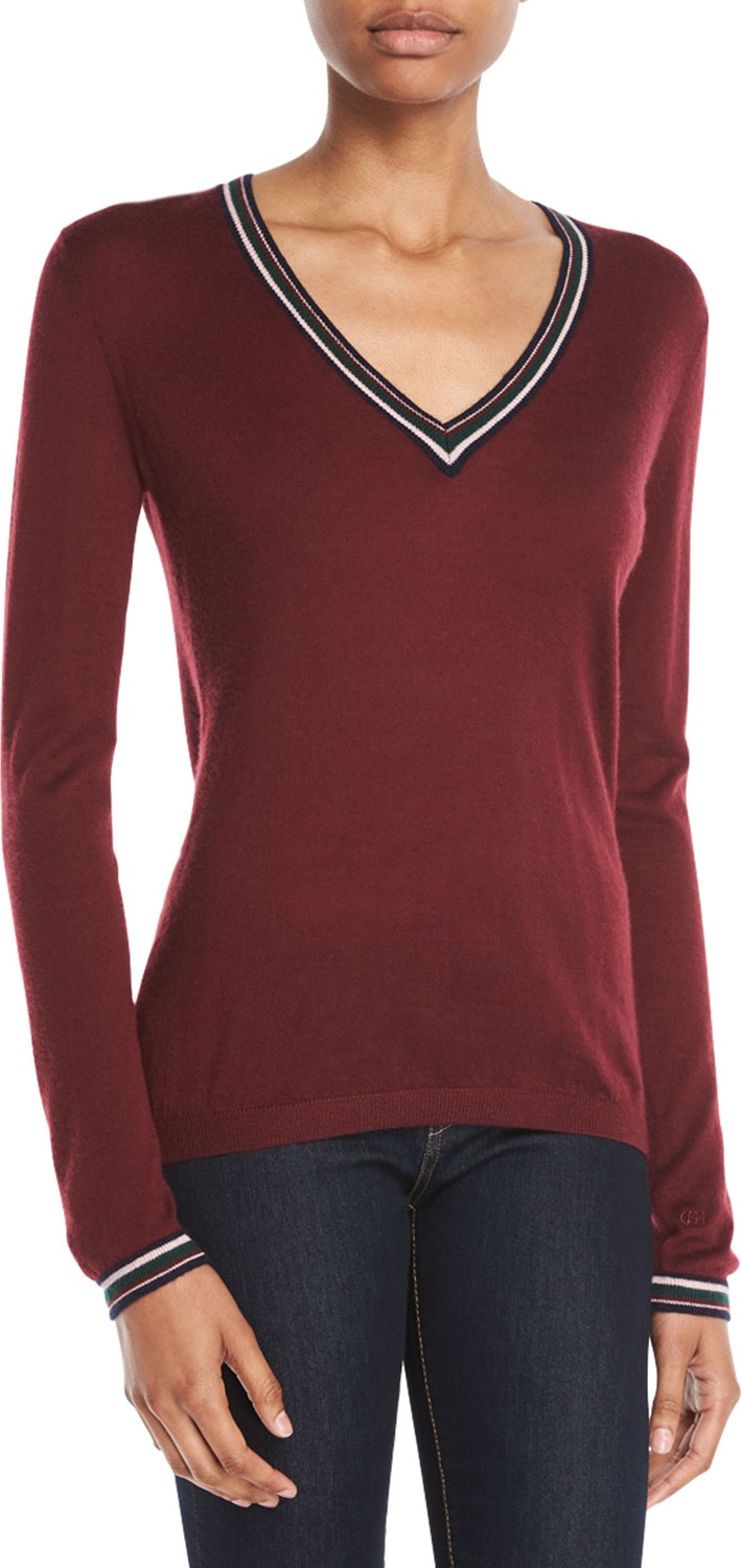 Gabriela Hearst Alba V-Neck Long-Sleeve Cashmere Sweater w/ Striped Trim