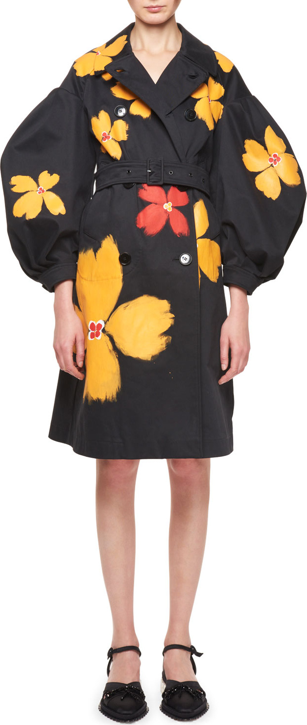Simone Rocha Floral Belted Puff-Sleeve Trench Coat