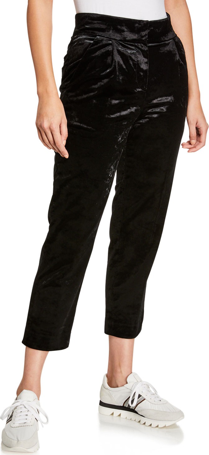 Brunello Cucinelli Straight-Leg Cropped Velvet Pants w/ Pleats