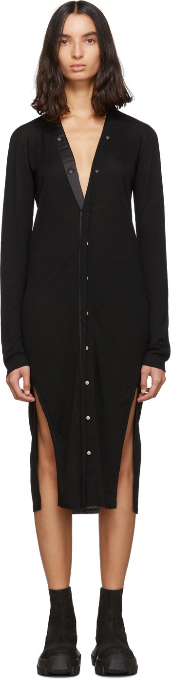 Rick Owens Black Wool Long Snap Cardigan