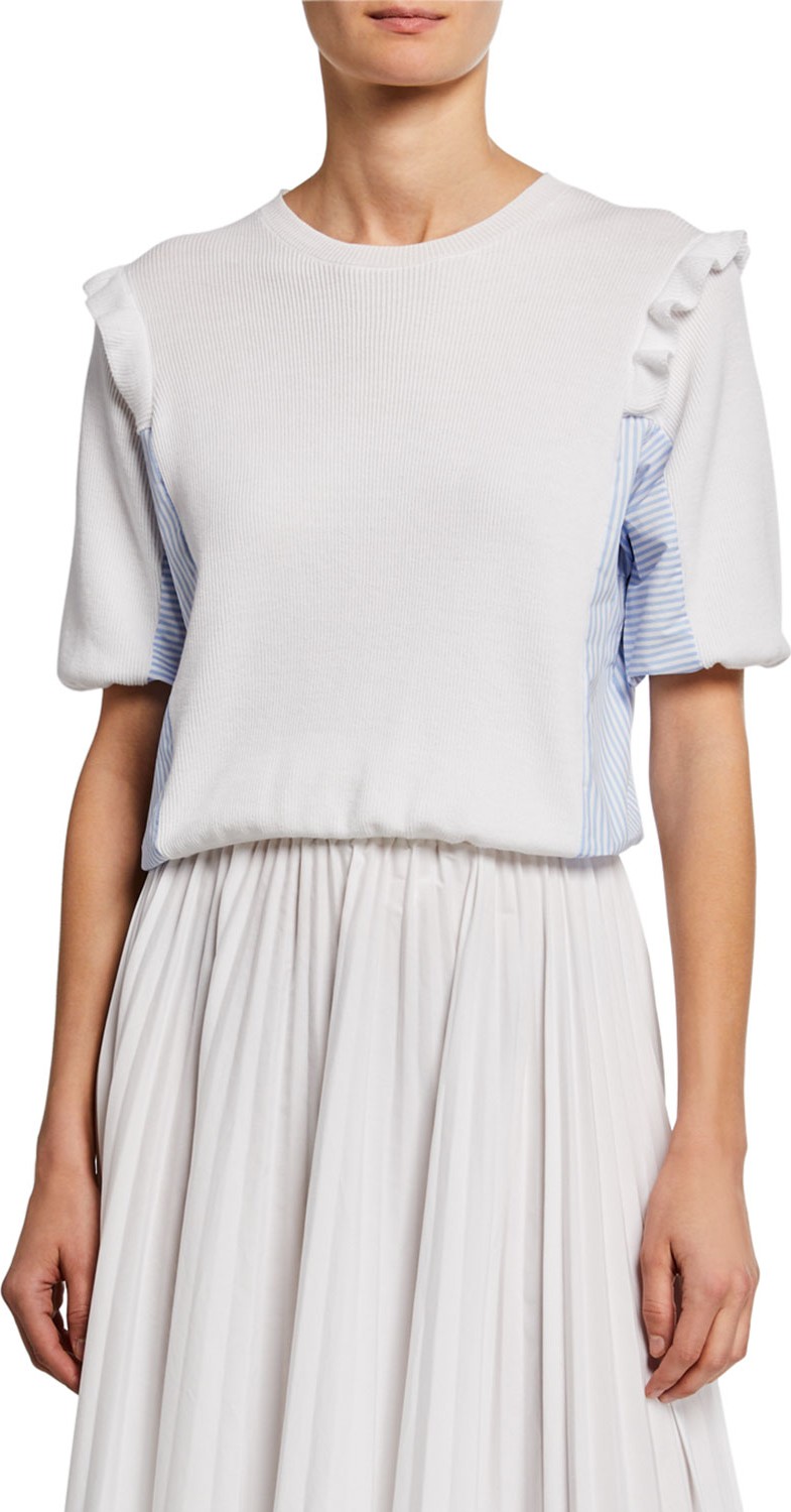 RED Valentino Crewneck Puff-Sleeve Ruffled Sweater w/ Striped Panels