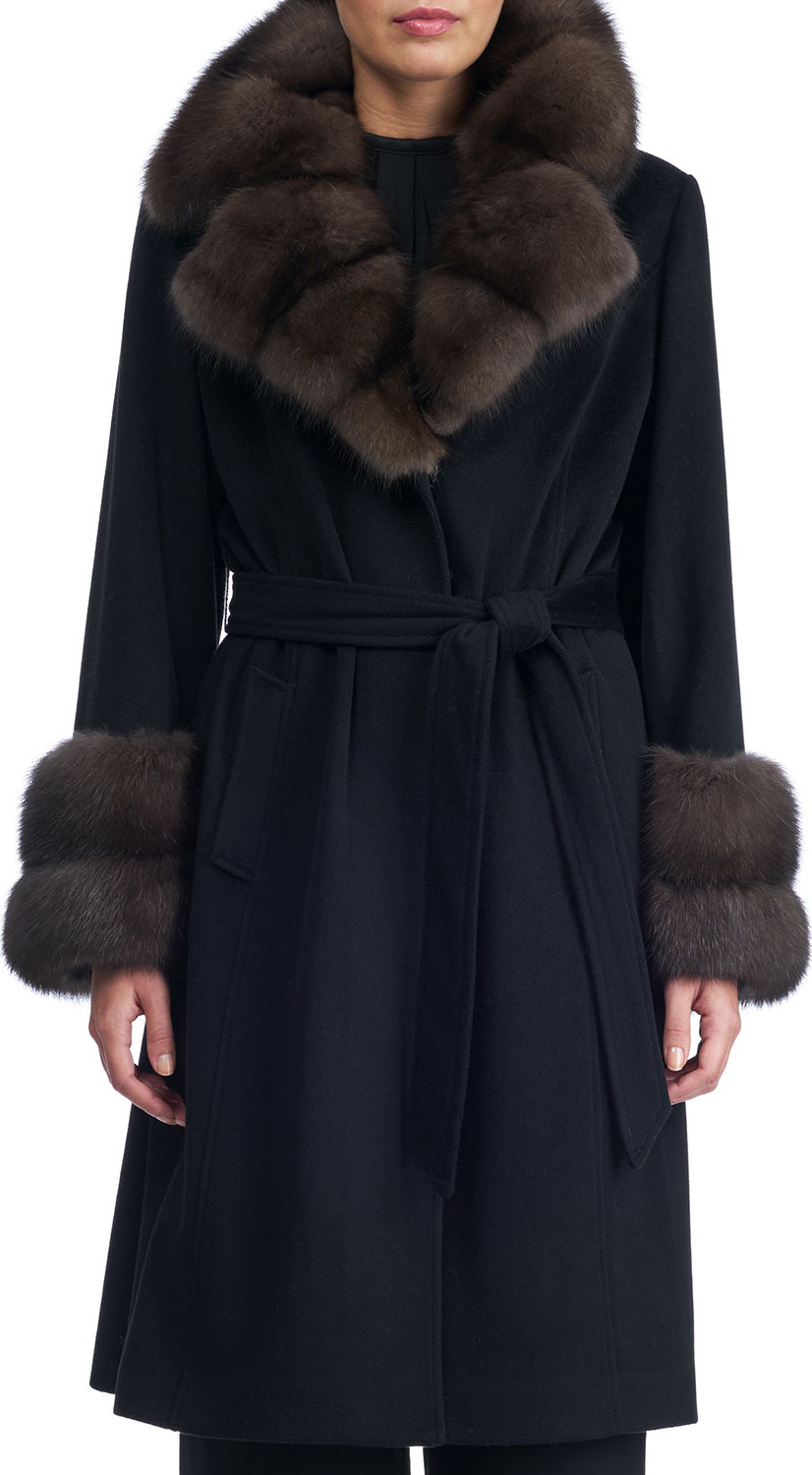 Gorski Belted Cashmere-Wool Coat with Sable Notched Collar and Cuffs
