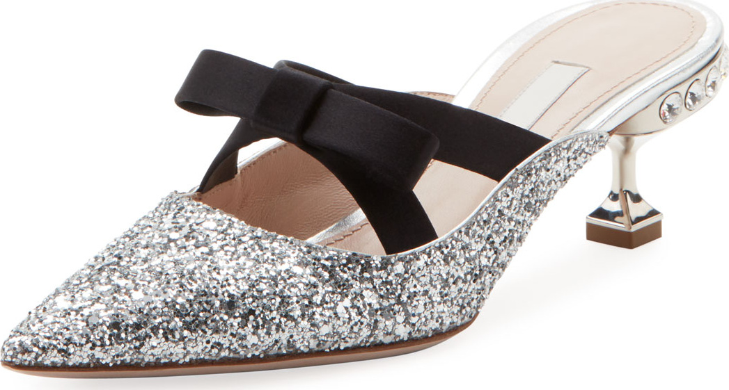 Miu Miu Jeweled Glitter Mule with Bow