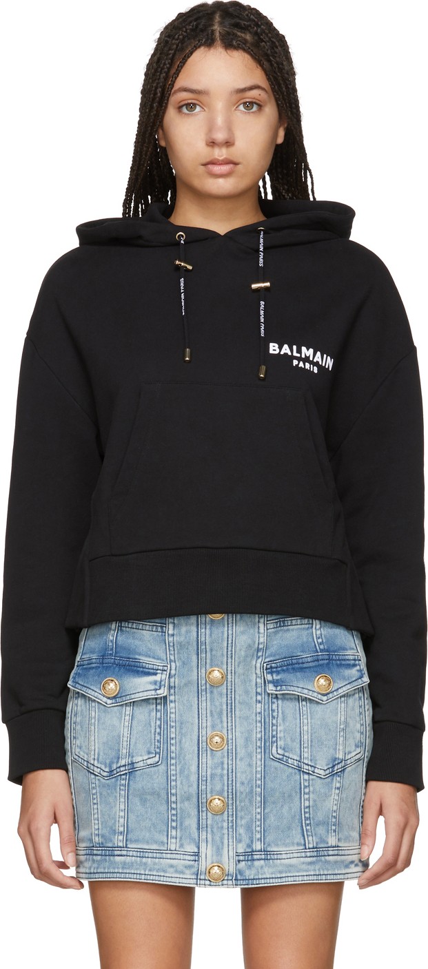 Balmain Black Cropped Logo Hoodie