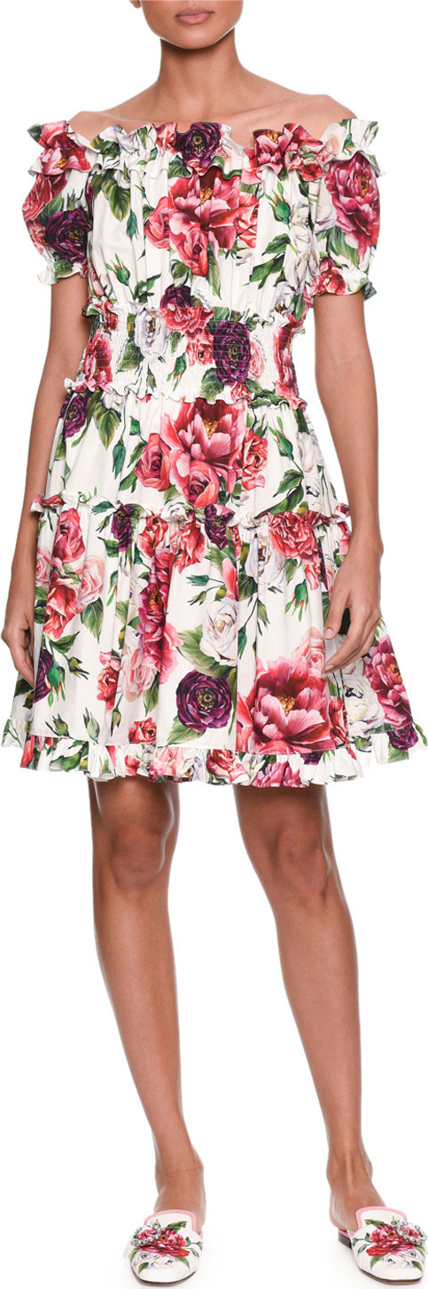 Dolce & Gabbana Off-the-Shoulder Short-Sleeve Rose & Peony-Print Cotton Poplin Dress Dolce & Gabbana Off-the-Shoulder Short-Sleeve Rose & Peony-Print Cotton Poplin Dress