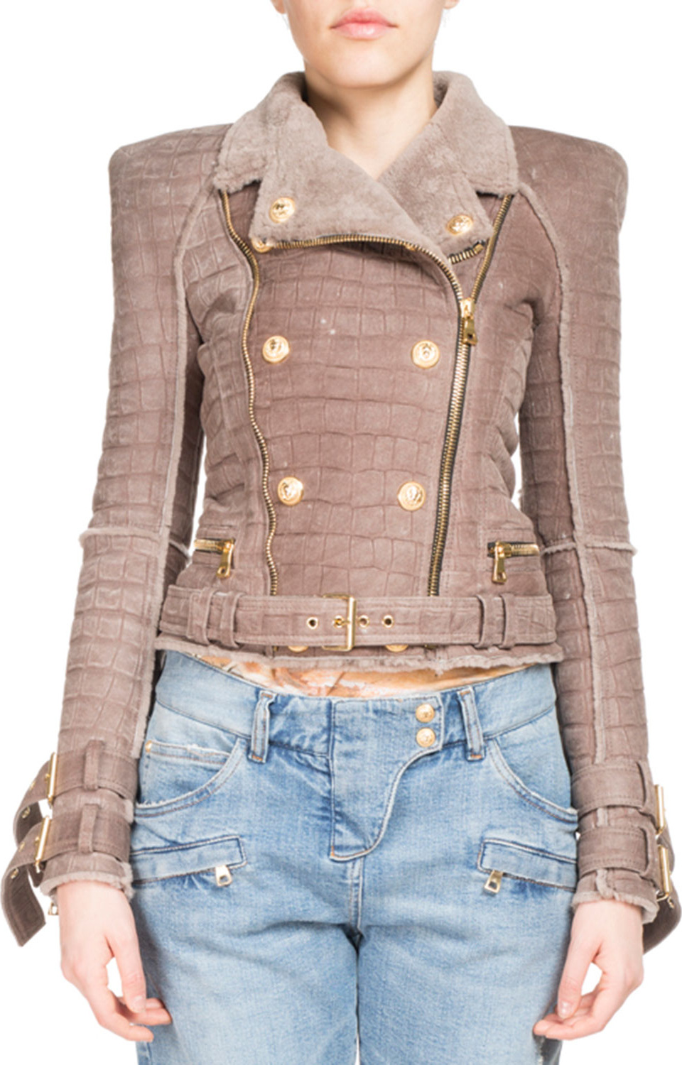 Balmain Crocodile-Embossed Shearling Biker Jacket