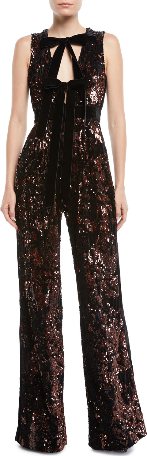 ELIE SAAB Sleeveless Wide-Leg Paillette Jumpsuit w/ Velvet Bow